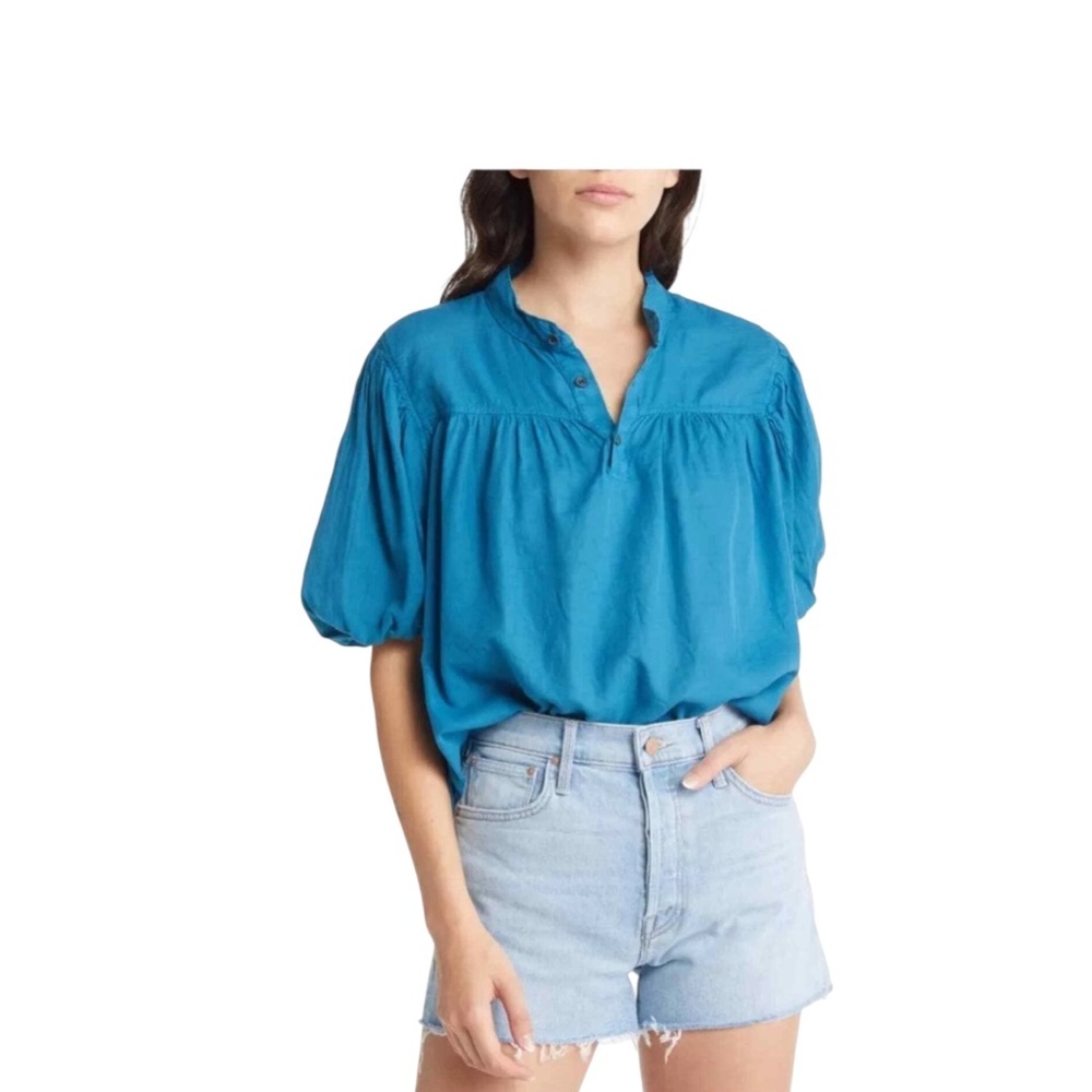 Mother Top The S/S Pouf Popover Shirt Faienne Teal Womens Size M Feminine Preppy